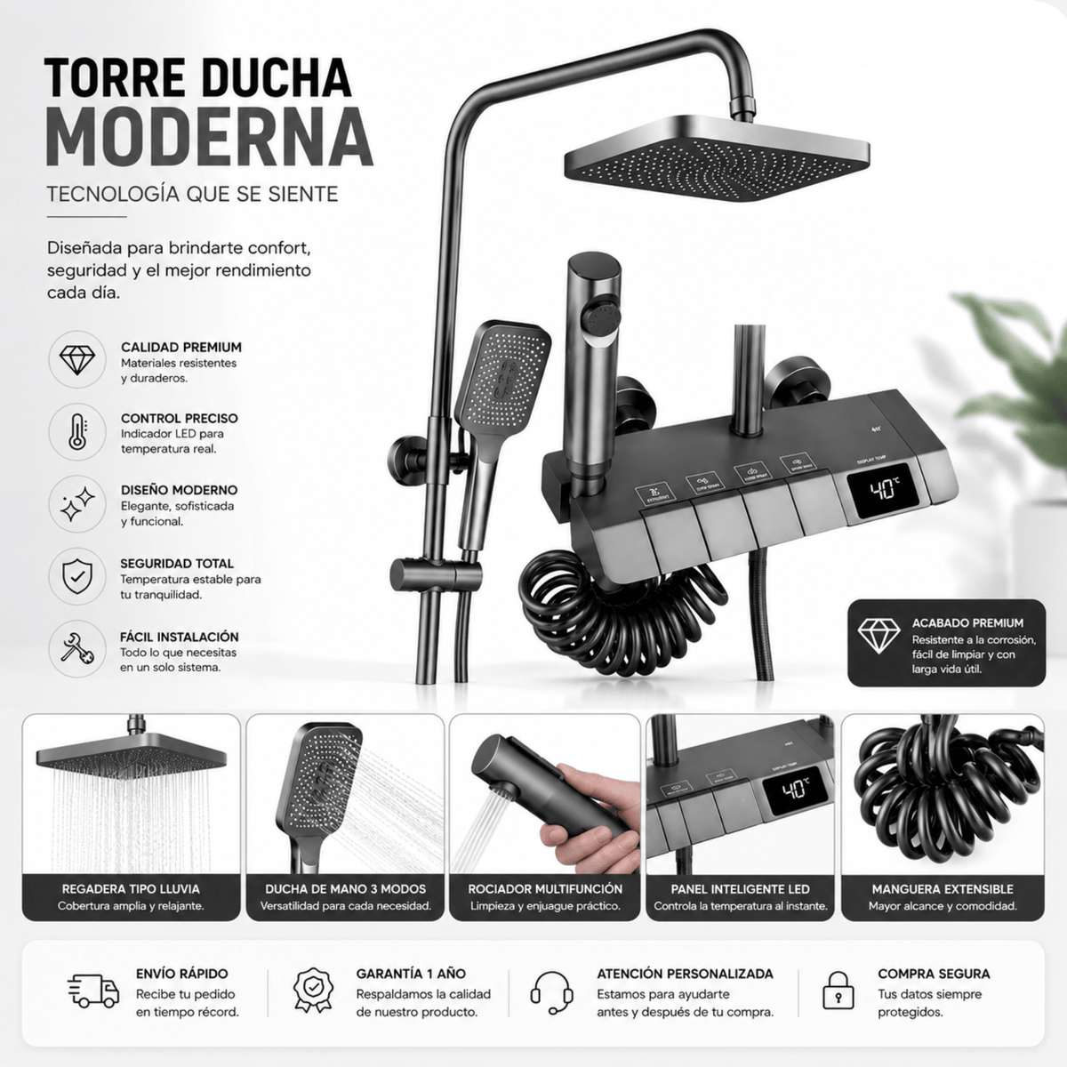 Torre Ducha Premium Digital con Indicador de Temperatura LED