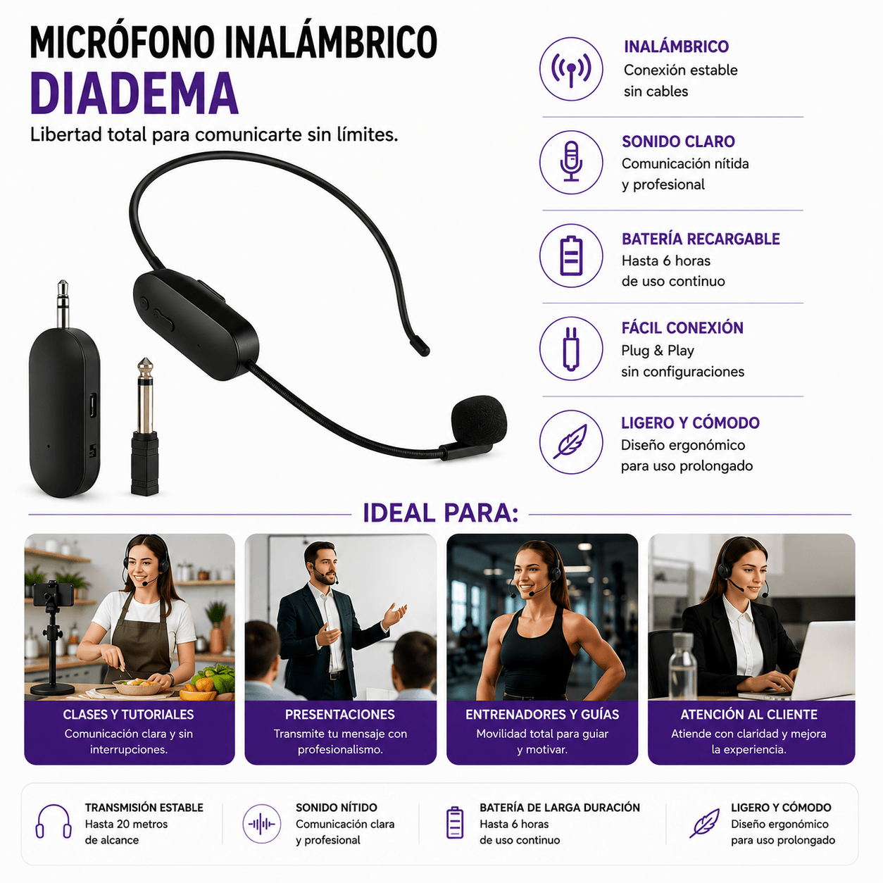 Diadema Inalámbrica para Teleoperador | Micrófono Manos Libres