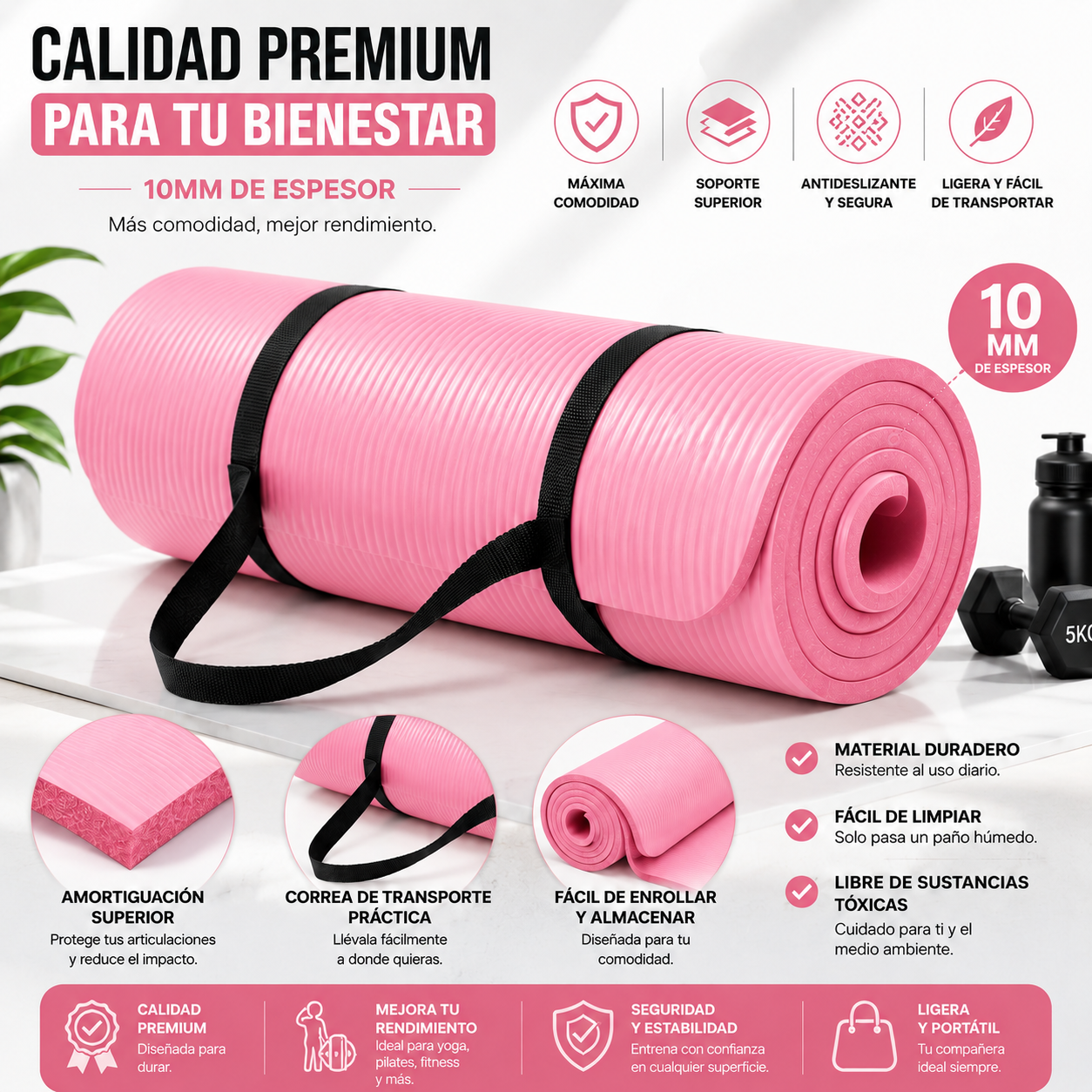 Tapete Fitness Antideslizante con Correa de Transporte Rosa