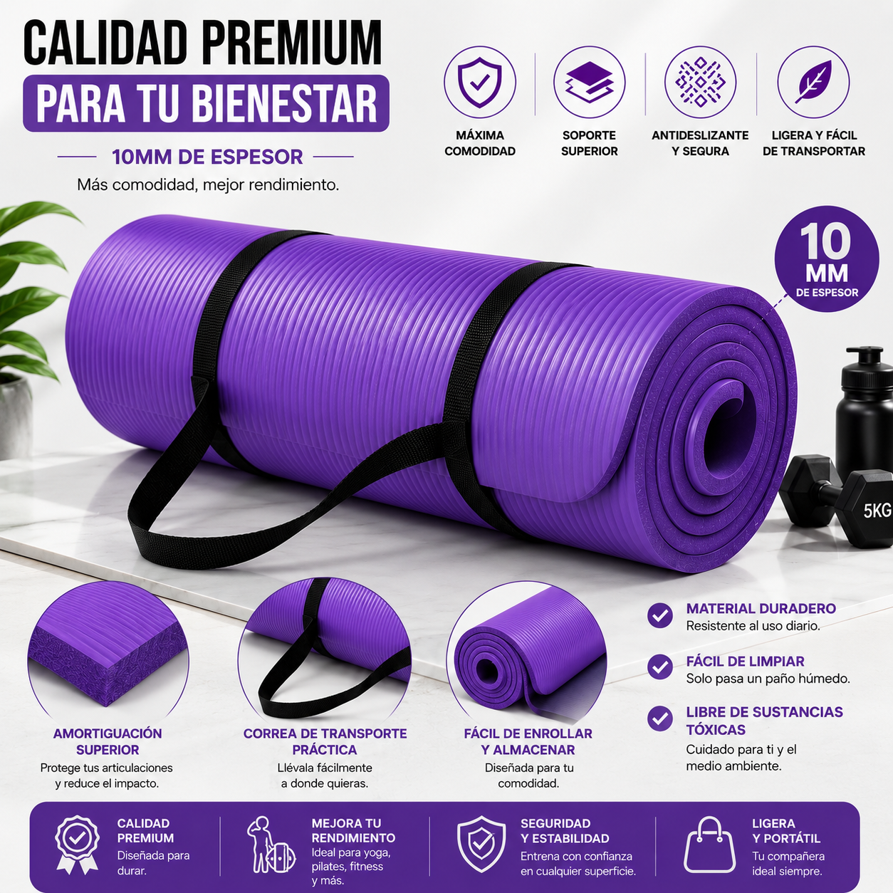 Tapete Fitness Antideslizante con Correa de Transporte Morada