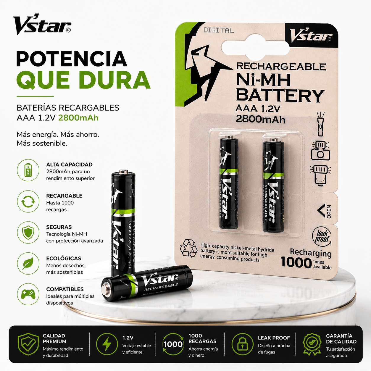 Par de Baterías Recargables AAA de 2800mAh