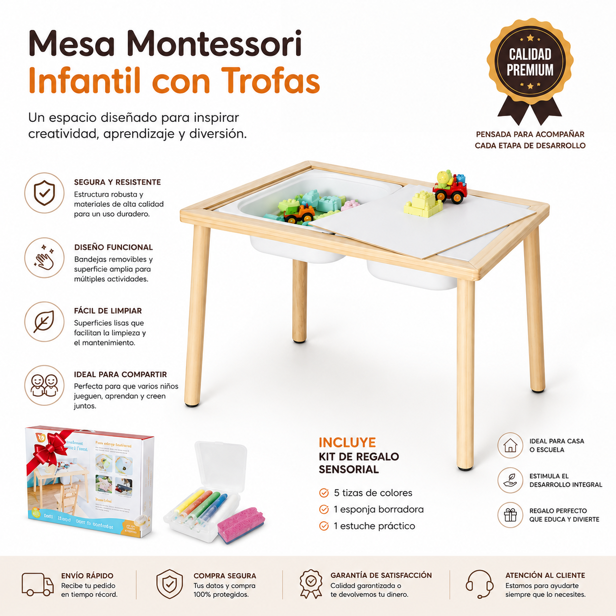 Mesa Montessori Infantil Multifuncional con Bandejas Sensoriales + Kit de Regalo
