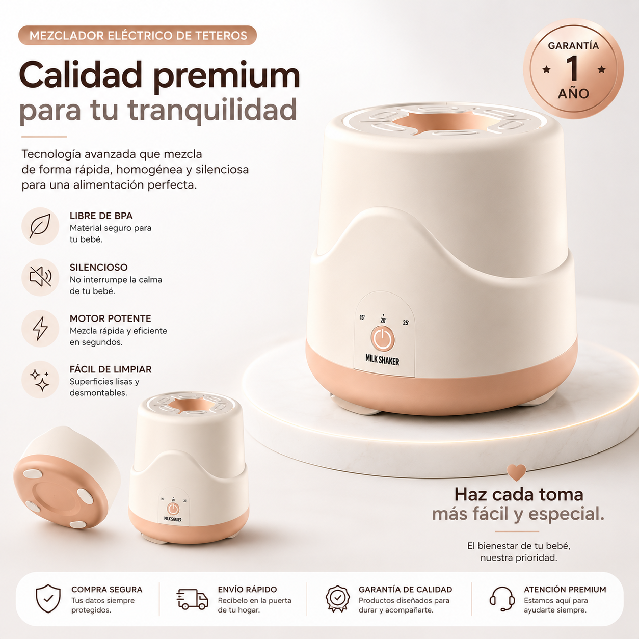 Mezclador Eléctrico de Teteros Automático Rosa | Preparación Rápida y Sin Grumos