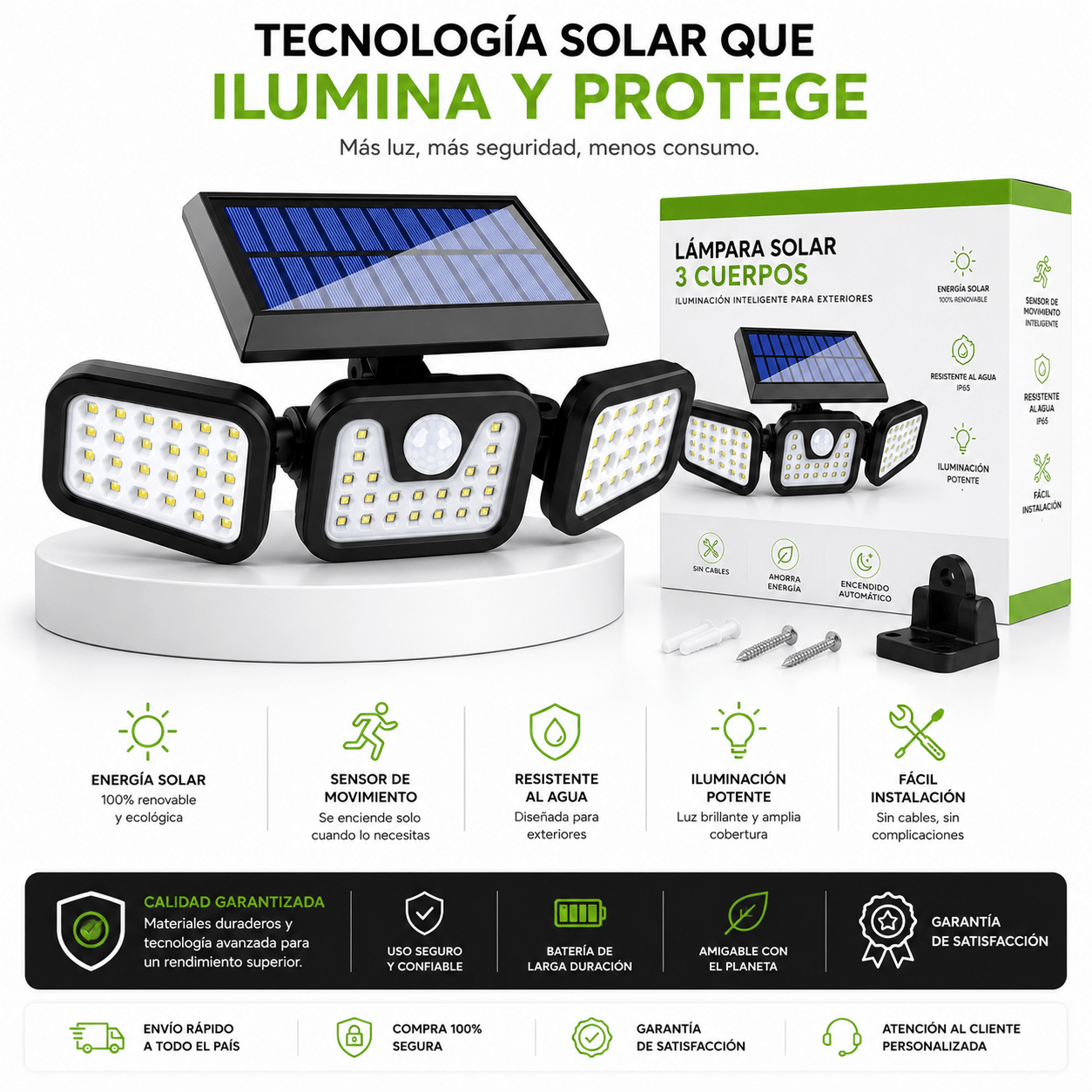 Lámpara Solar LED Exterior de 3 Cuerpos con Sensor de Movimiento