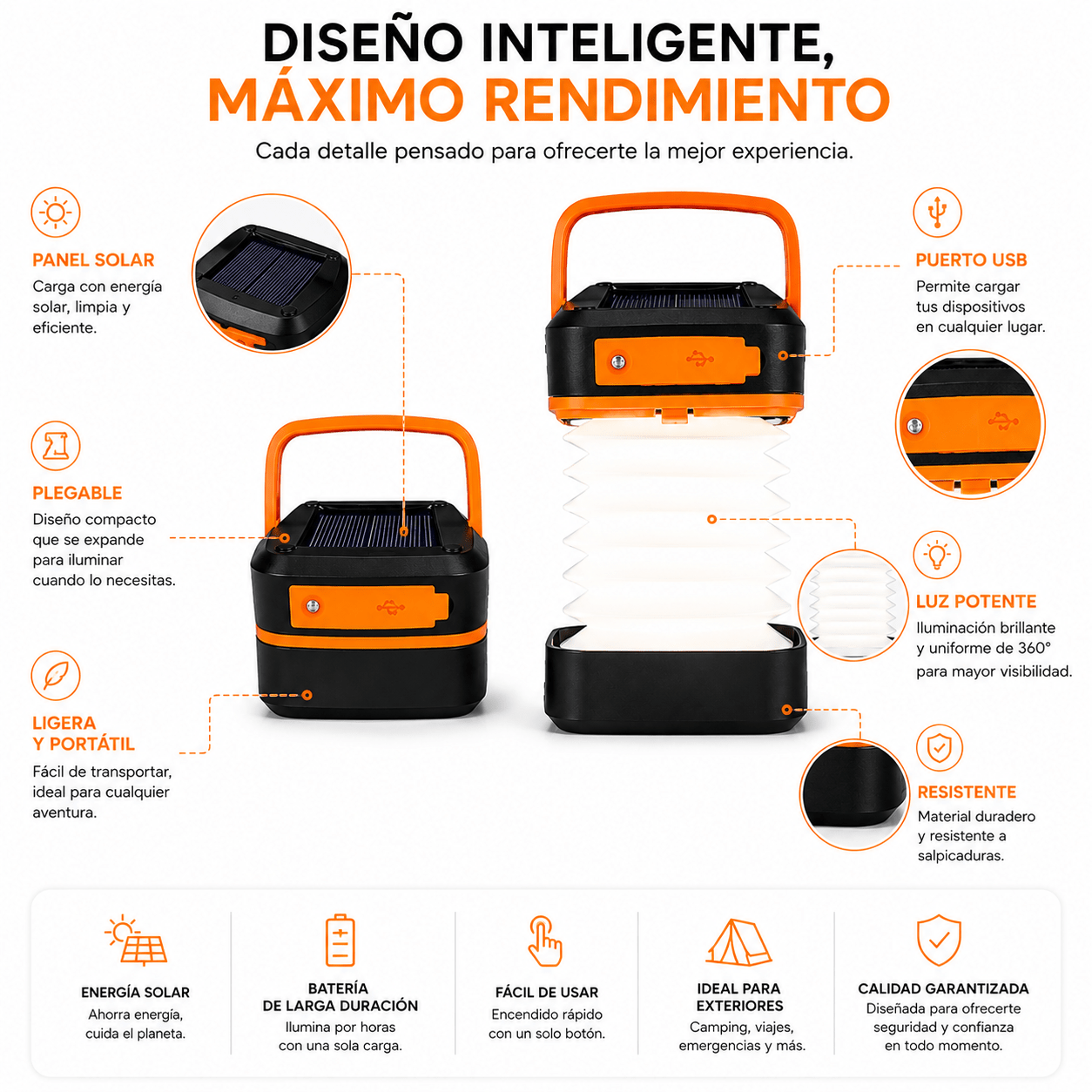 Linterna Solar Plegable Recargable LED Multifuncional