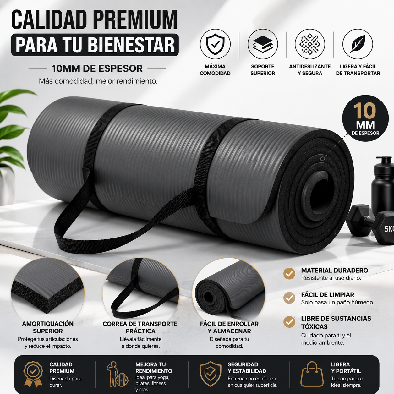 Tapete Fitness Antideslizante con Correa de Transporte Gris