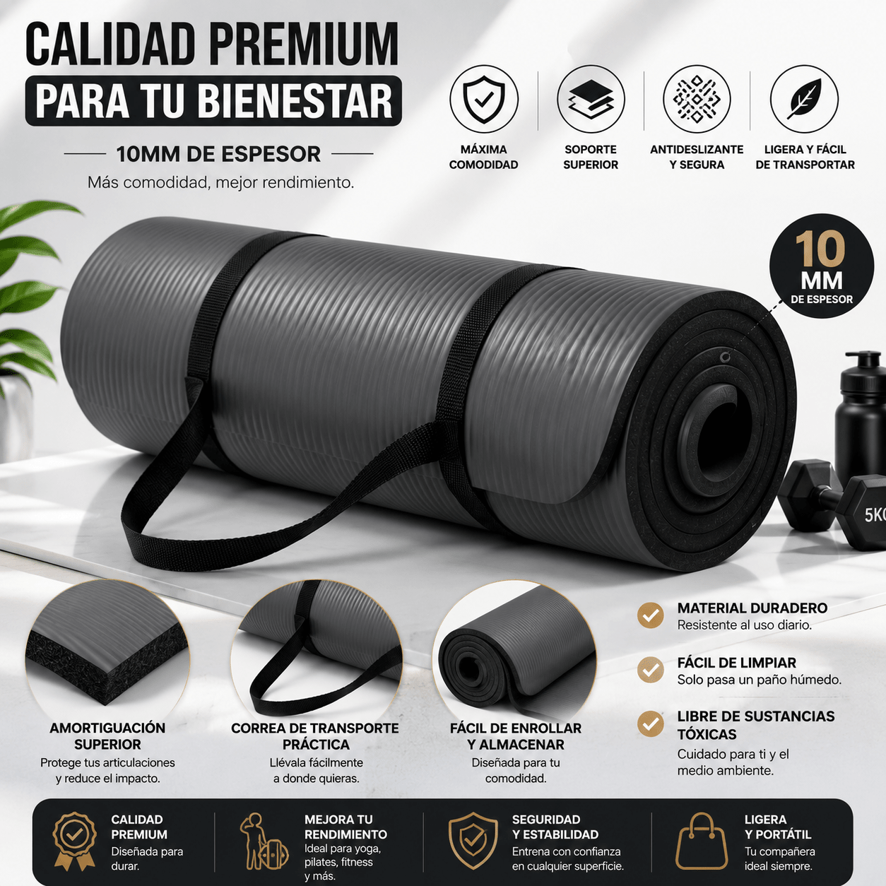 Tapete Fitness Antideslizante con Correa de Transporte Gris