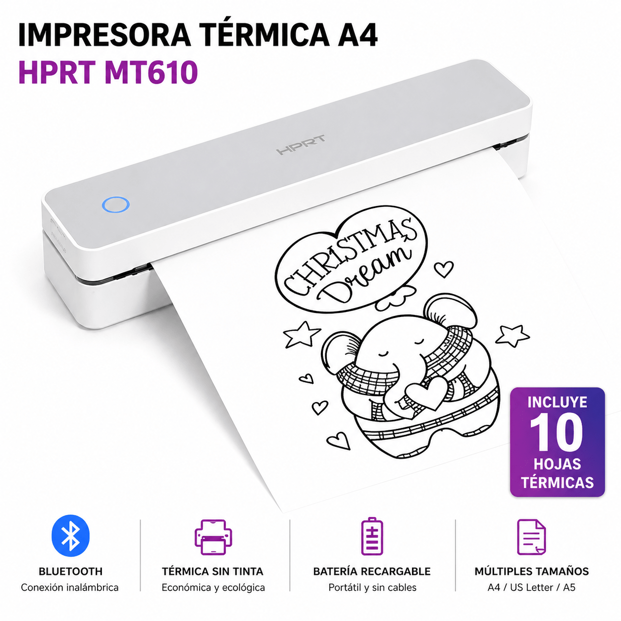 Impresora Térmica Portátil + 10 Hojas Termicas