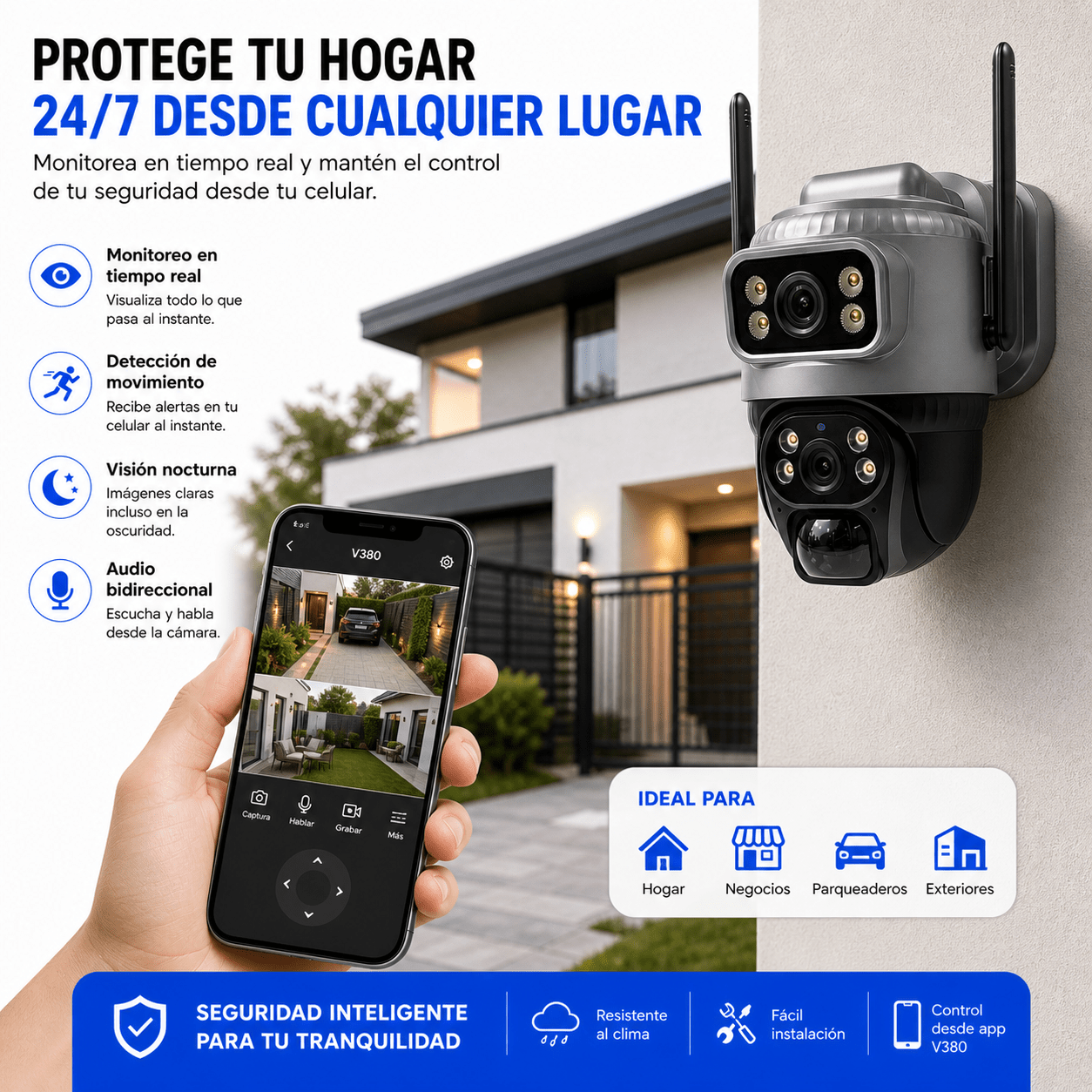 Cámara de Seguridad Exterior Doble Lente WiFi 360° con Audio y App V380
