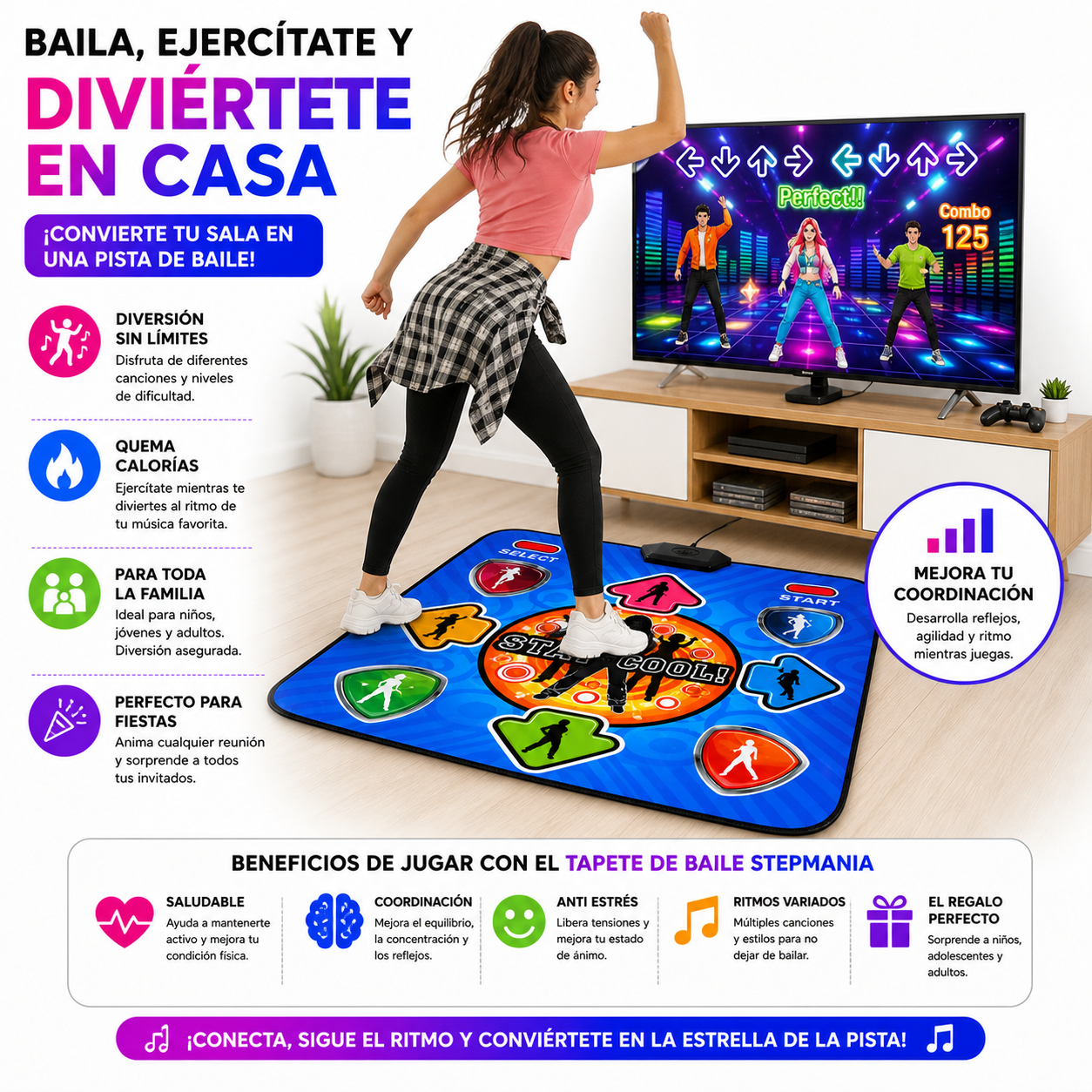 Tapete de Baile Stepmania para TV y PC con Sensores de Movimiento