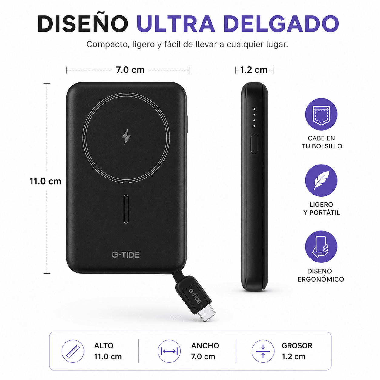 Power Bank Slim 5.000 mAh Inalámbrico con Cable Tipo-C y Carga Rápida 20W