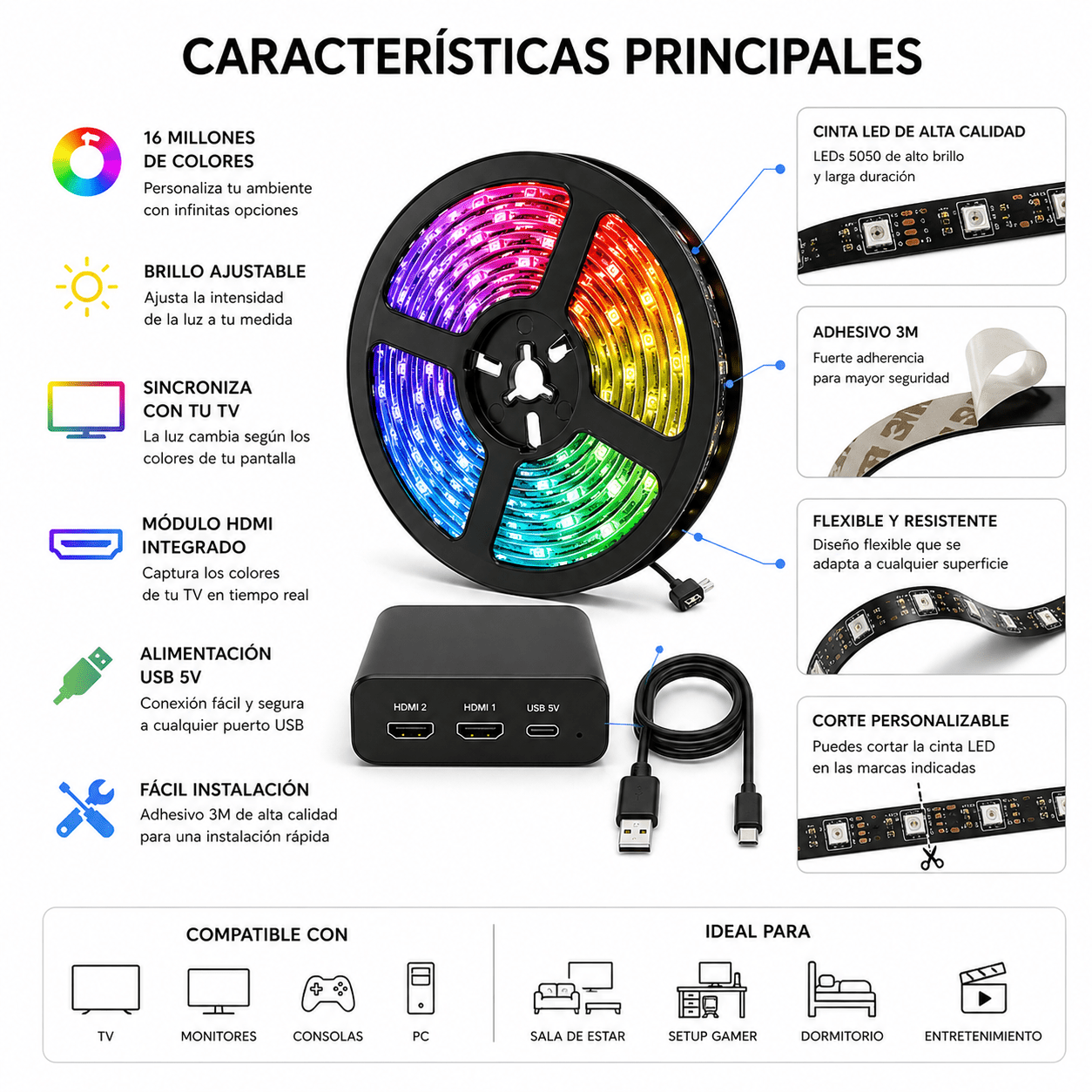 Cinta LED RGB para TV con Módulo HDMI Sincronización en Tiempo Real 16M Colores