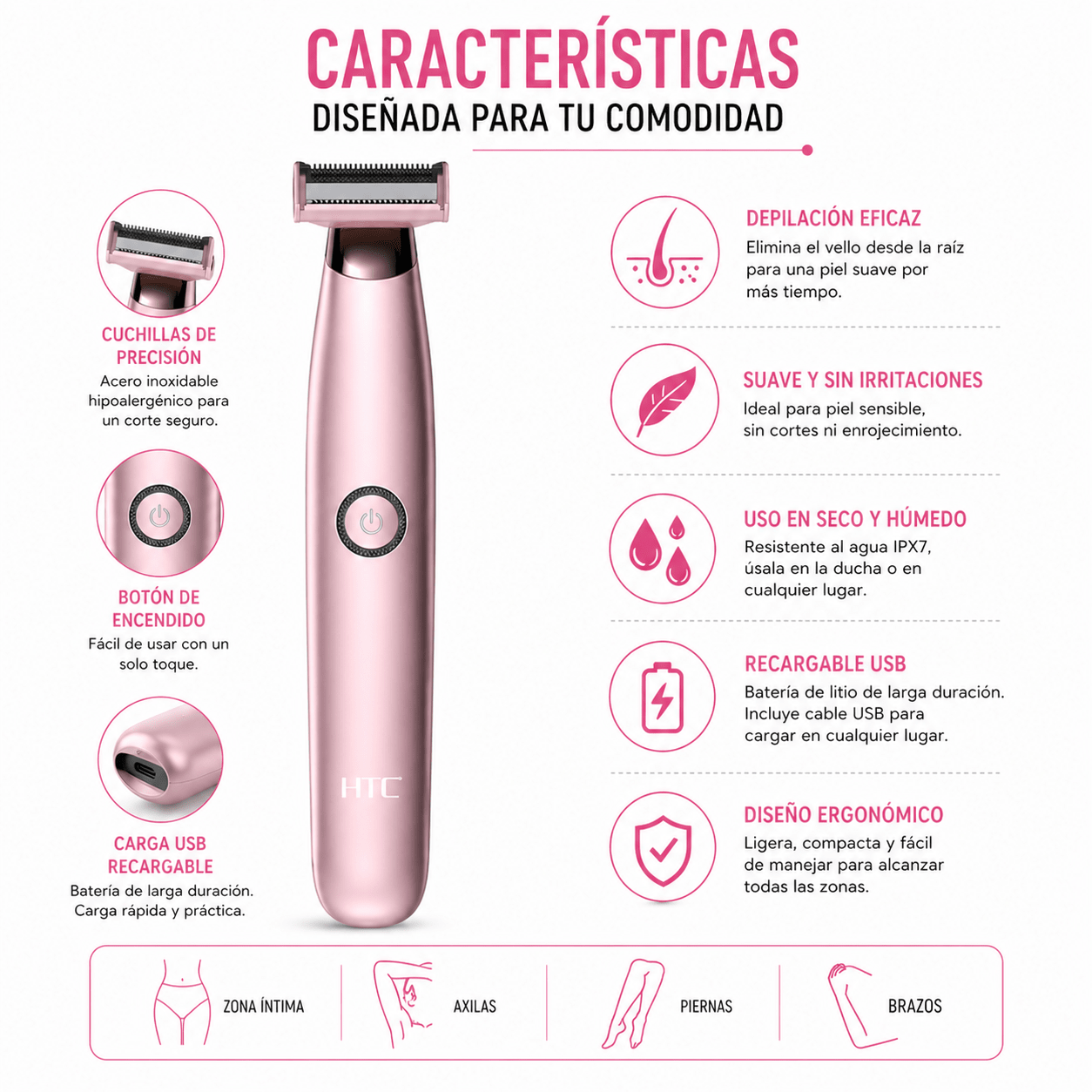 Depiladora Femenina HTC Inalámbrica | 3 Cabezales de Precisión
