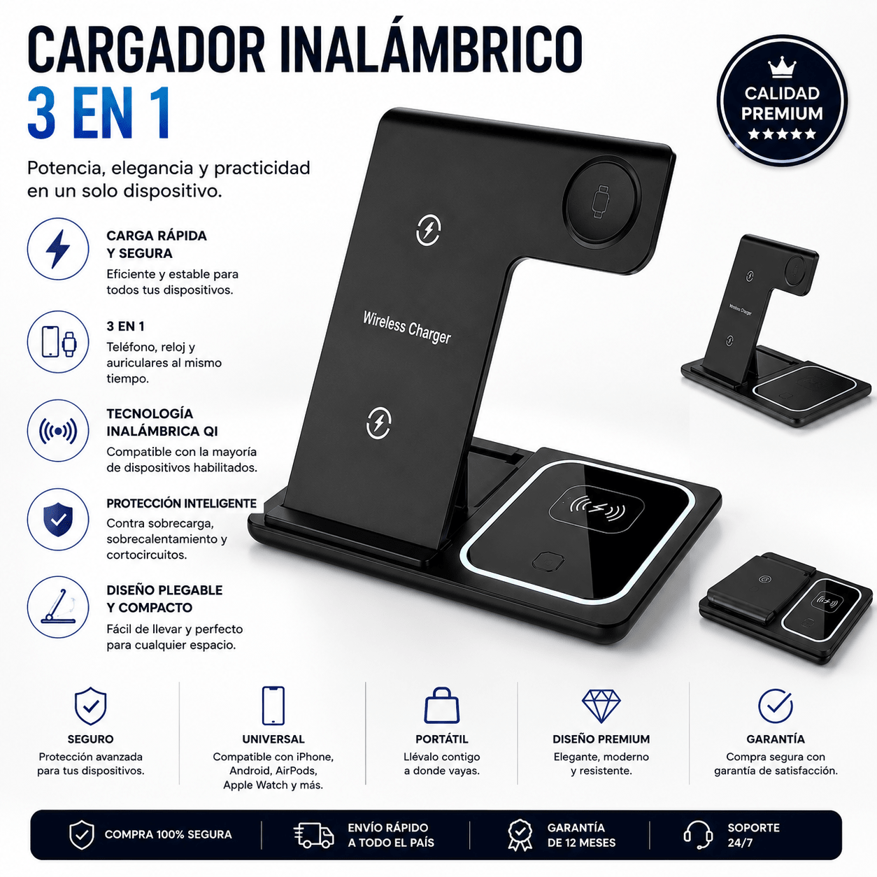 Cargador Inalámbrico 3 en 1 Plegable Carga Rapida para Celular, Smartwatch y Audífonos