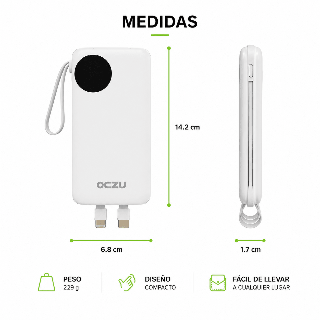 Power Bank OCZU 10.000mAh 22.5W con Cables Integrados y Carga Rápida