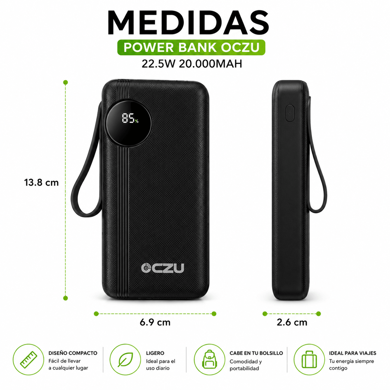 Power Bank 22.5W OCZU 20.000mAh con Pantalla LED y Cables Integrados