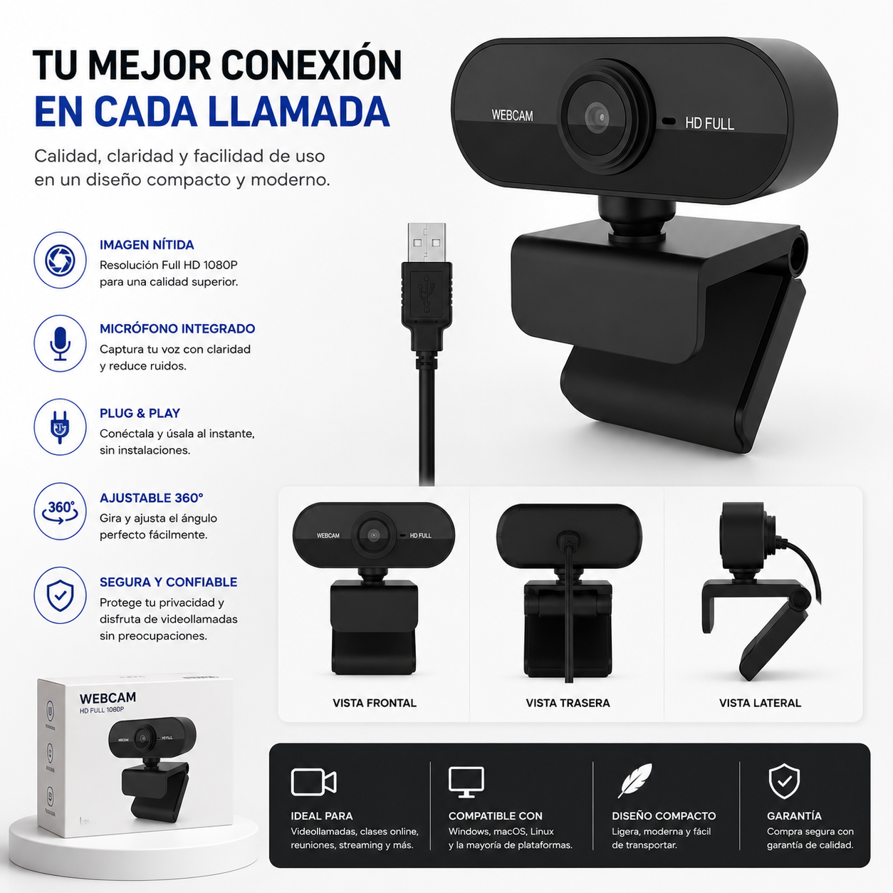 Camara Web HD 1080P con Micrófono Integrado y Rotación 360°