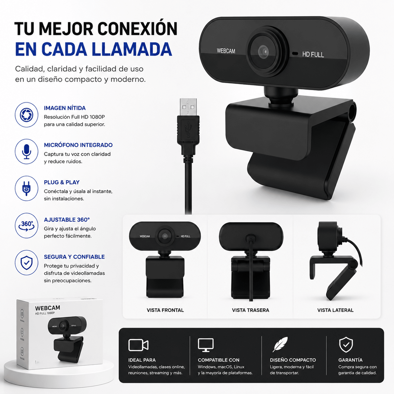 Camara Web HD 1080P con Micrófono Integrado y Rotación 360°