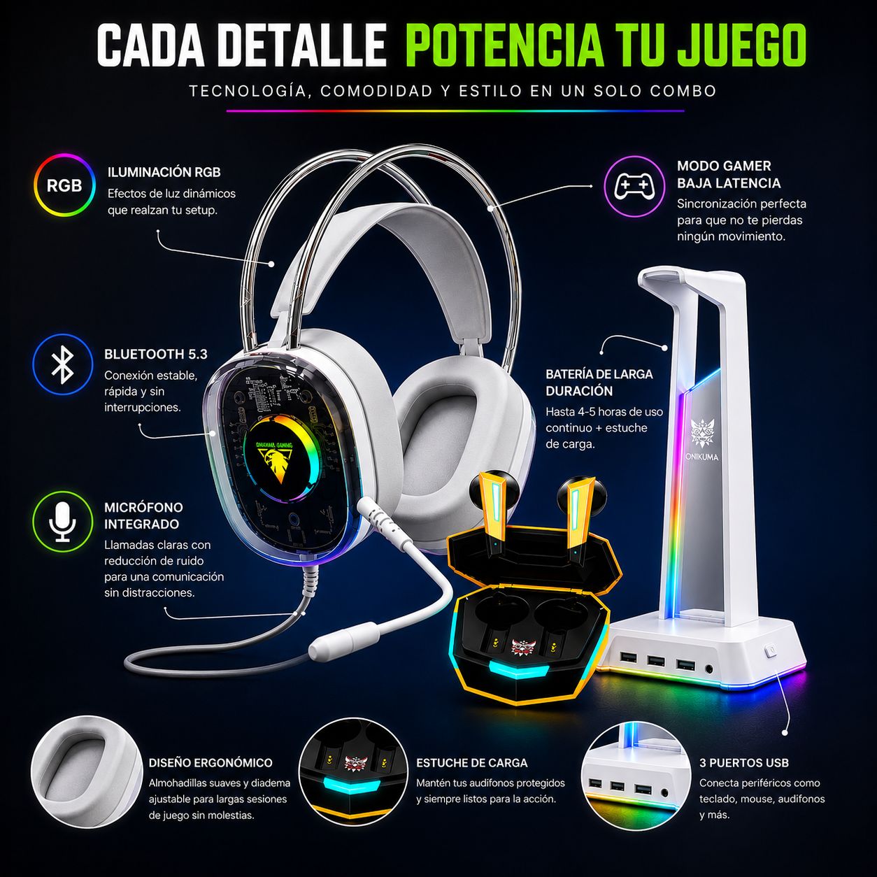 Combo Gamer RGB con Soporte LED y Audífonos Gaming de Baja Latencia