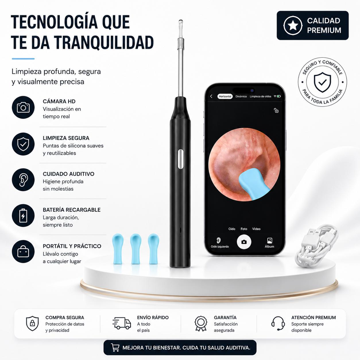 Limpiador de Oídos Inteligente con Cámara HD WiFi Recargable