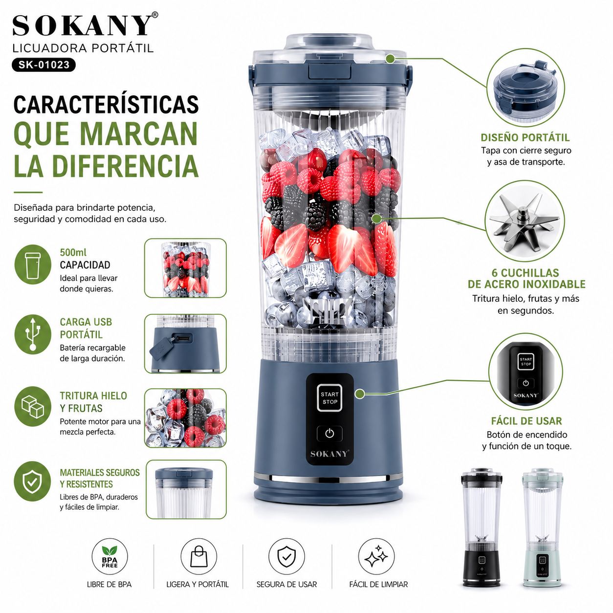 Licuadora Portátil Recargable SOKANY con 6 Cuchillas