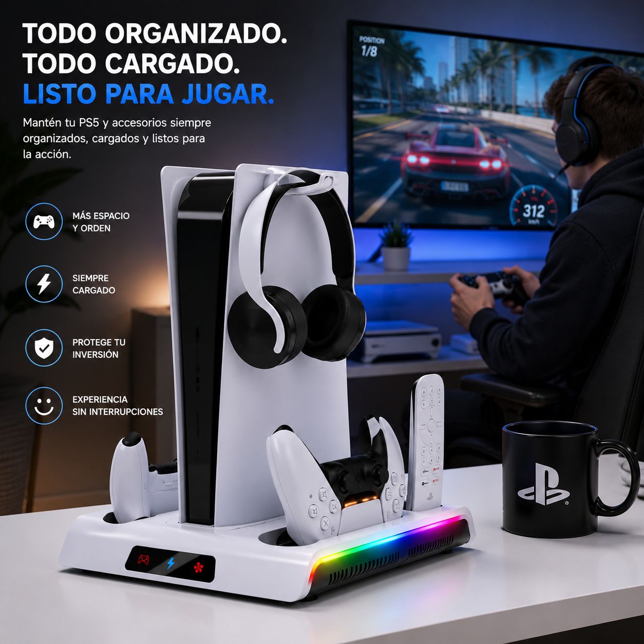 Base Refrigerante Multifuncional para PlayStation 5 con Carga Dual y Luz RGB