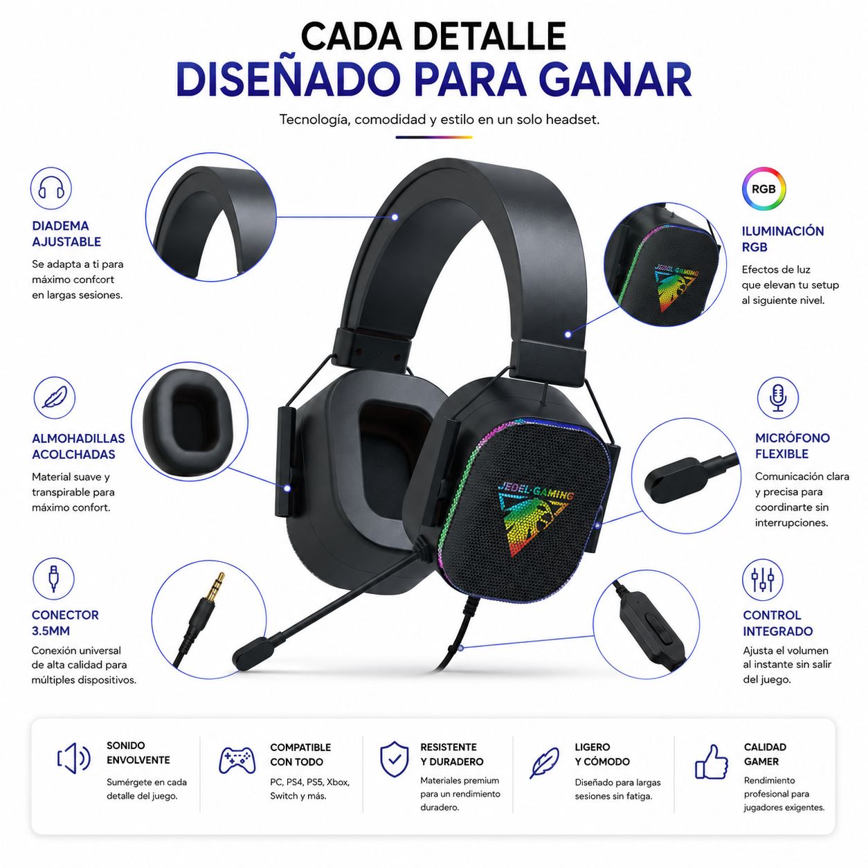 Diadema Gamer RGB con Micrófono HD y Sonido Envolvente