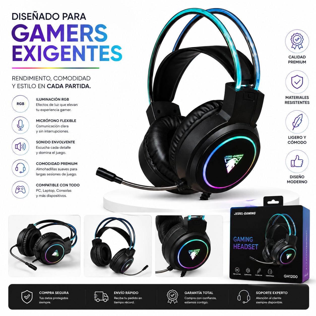 Audífonos Gamer RGB LED con Micrófono Flexible