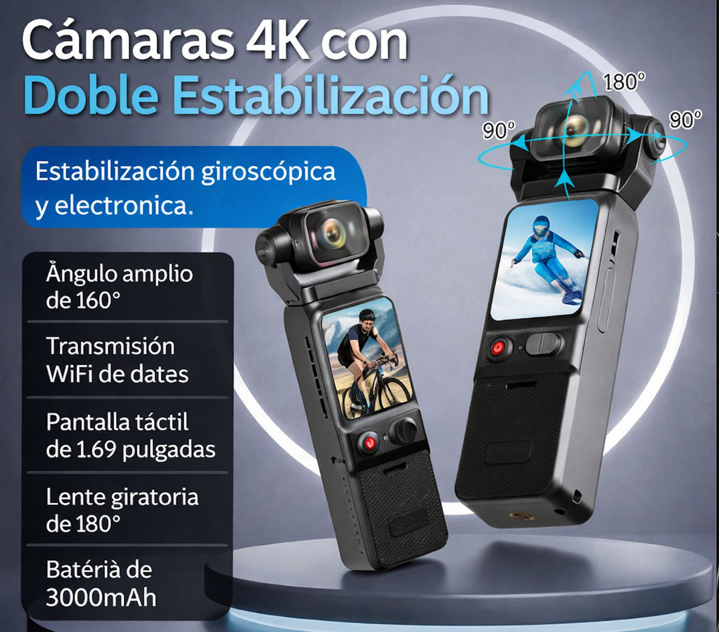 Cámara Deportiva de Bolsillo 4K WiFi Pro con Lente Giratoria 180° y Estabilización