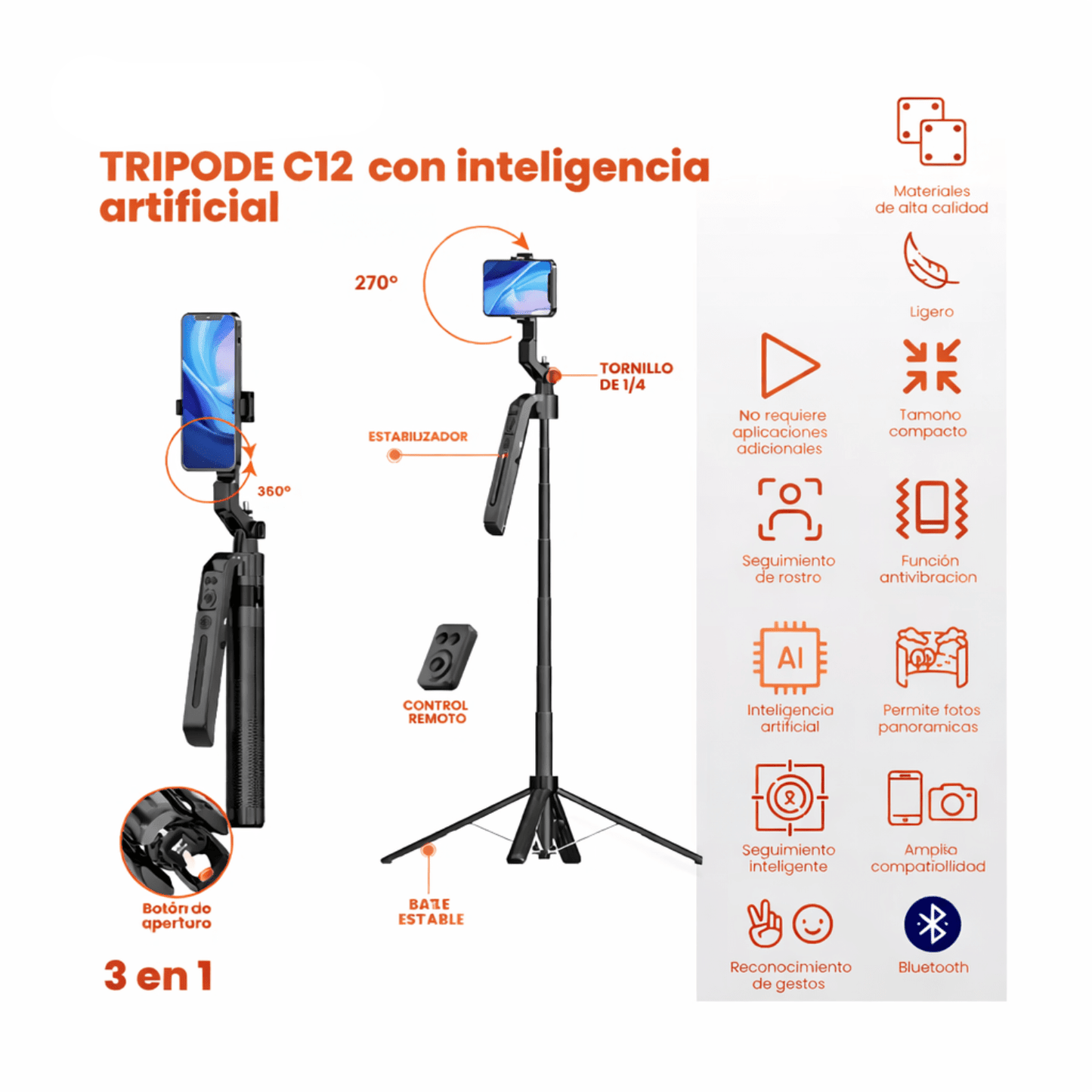Trípode Inteligente con Seguimiento AI – 3 en 1