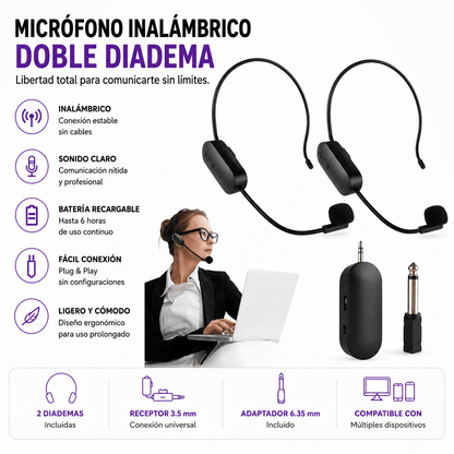 Doble Diadema Inalámbrica para Teleoperador | Micrófono Manos Libres