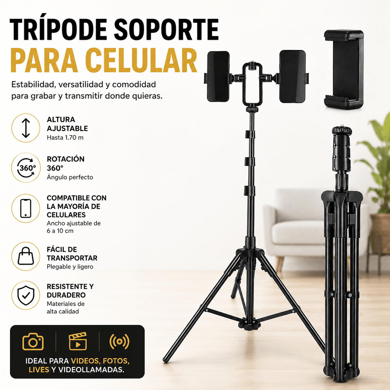 Trípode Extensible Doble para Celular | Soporte Ajustable 360° para Videos y Lives