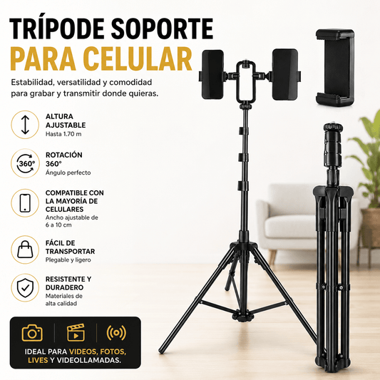 Trípode Extensible Doble para Celular | Soporte Ajustable 360° para Videos y Lives