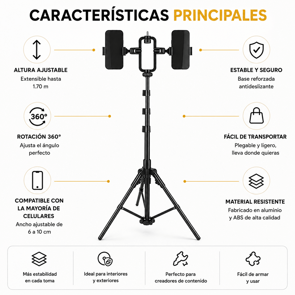 Trípode Extensible Doble para Celular | Soporte Ajustable 360° para Videos y Lives