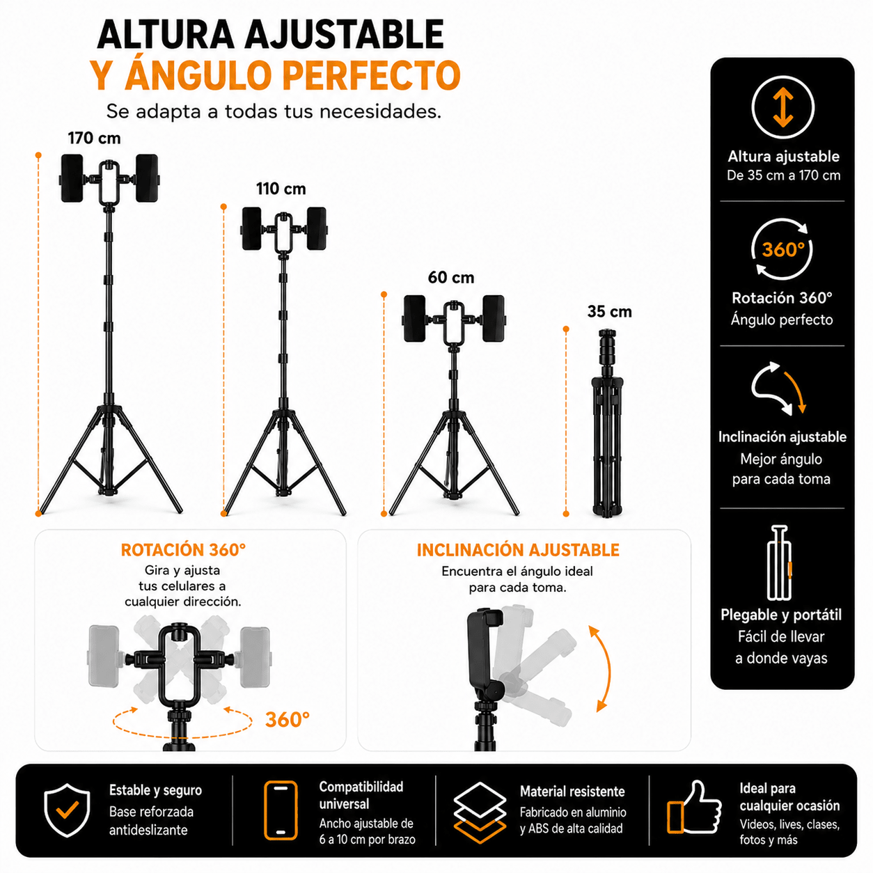 Trípode Extensible Doble para Celular | Soporte Ajustable 360° para Videos y Lives