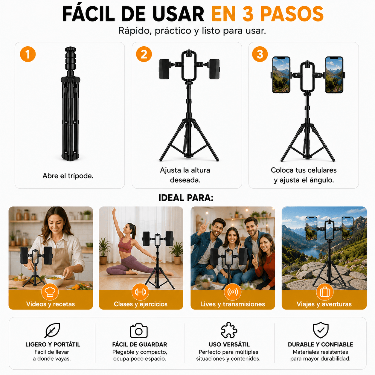Trípode Extensible Doble para Celular | Soporte Ajustable 360° para Videos y Lives