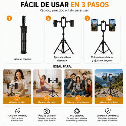 Trípode Extensible Doble para Celular | Soporte Ajustable 360° para Videos y Lives