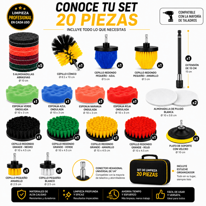 Set de Limpieza Profesional 20 Piezas para Taladro | Cepillos Multiusos