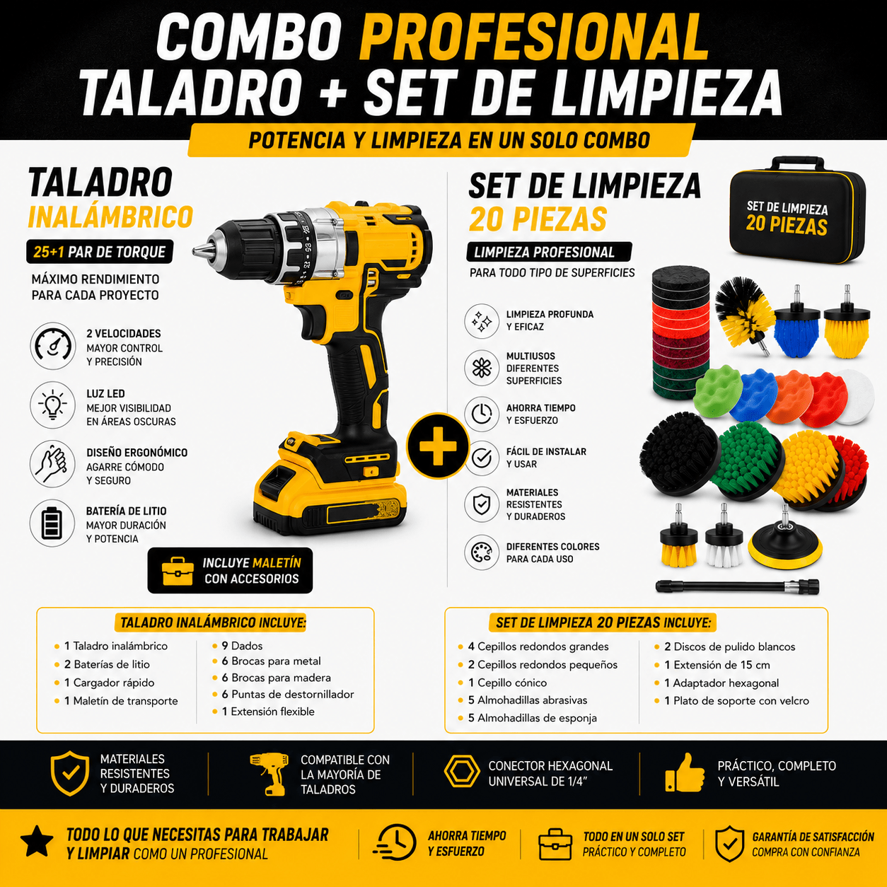 Combo Profesional Taladro Inalámbrico + Set de Limpieza 20 Piezas