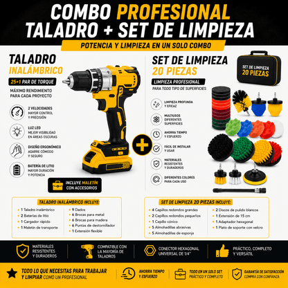 Combo Profesional Taladro Inalámbrico + Set de Limpieza 20 Piezas