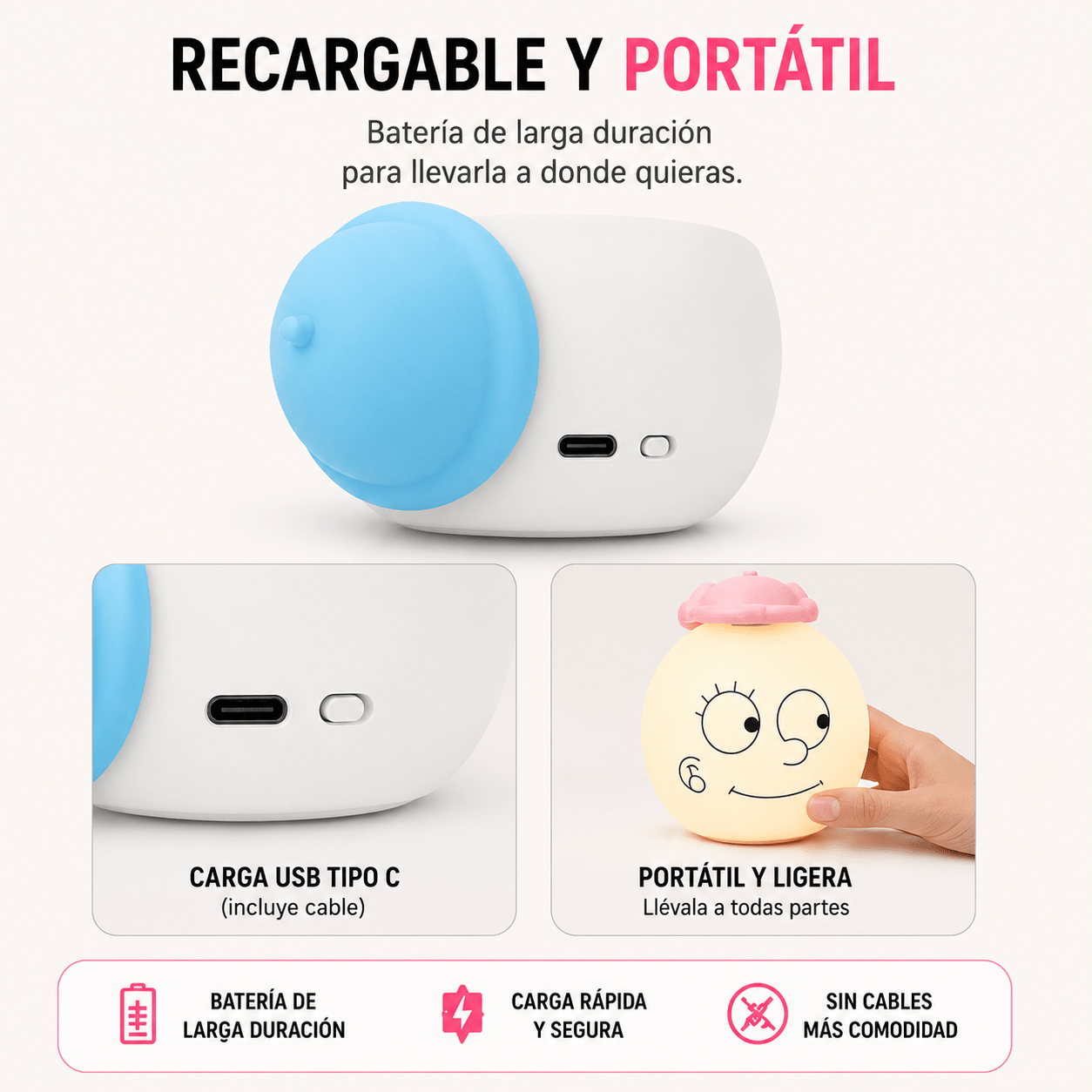 Lámpara Nocturna LED de Silicona Recargable | Diseño Divertido y Suave