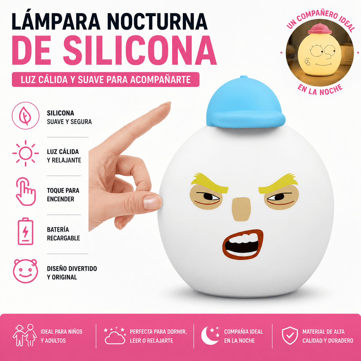 Lámpara Nocturna LED de Silicona Recargable | Diseño Divertido y Suave