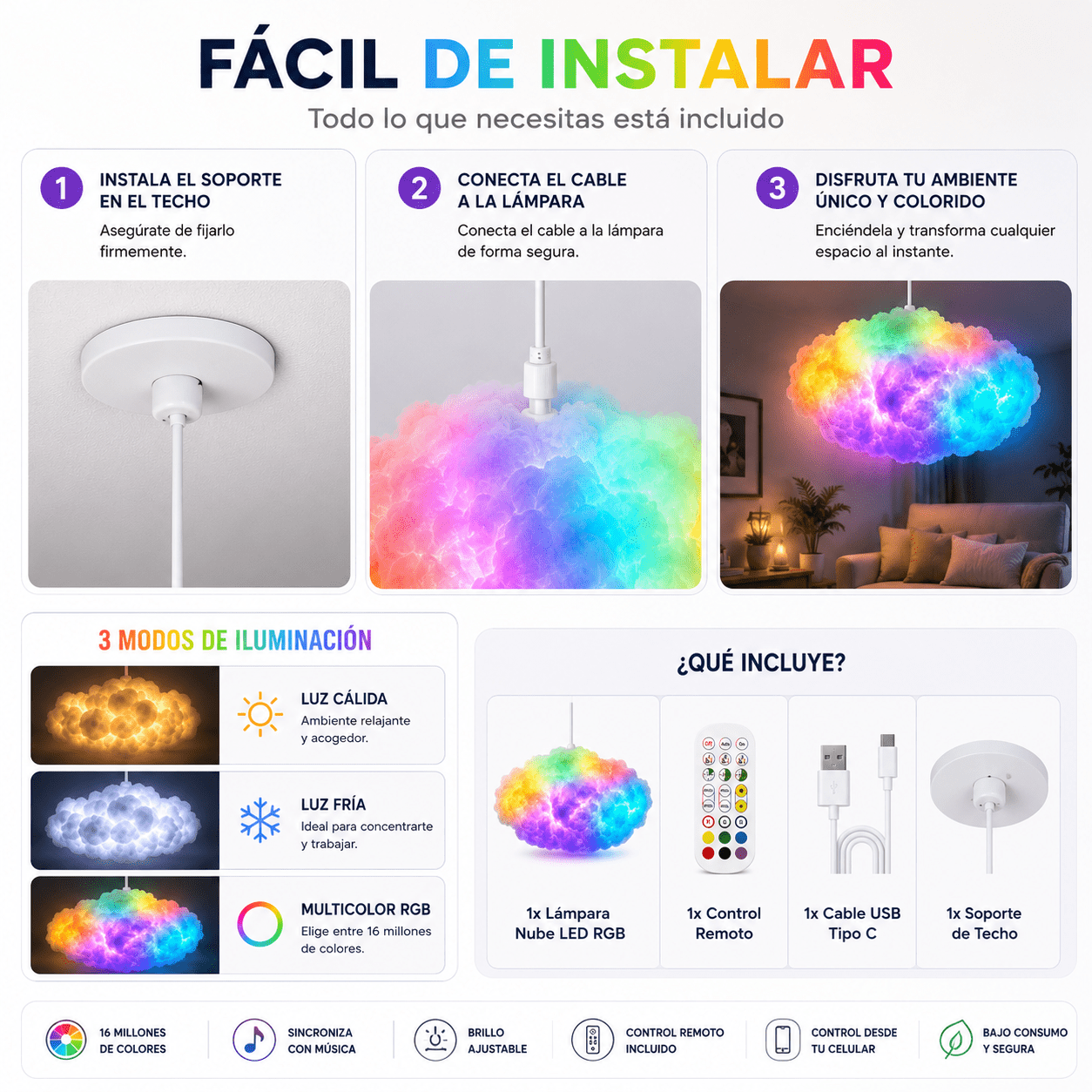 Lámpara Nube LED RGB Inteligente | Control App + Música