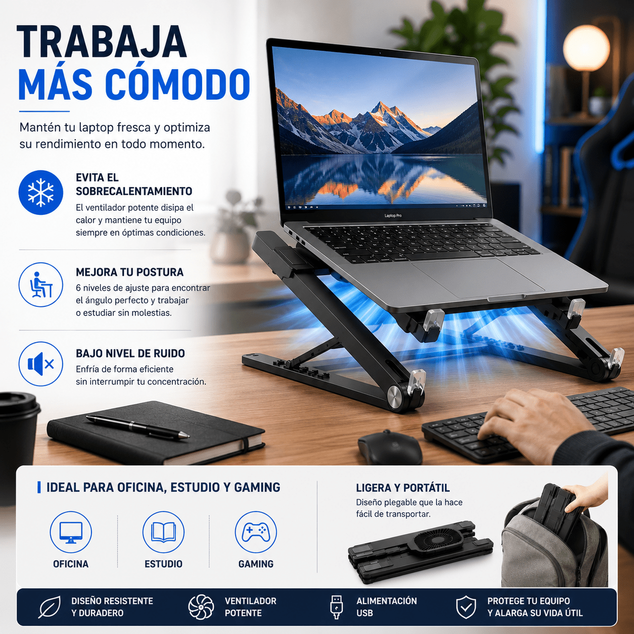 Base Enfriadora Plegable para Laptop con Ventilador USB Ajustable