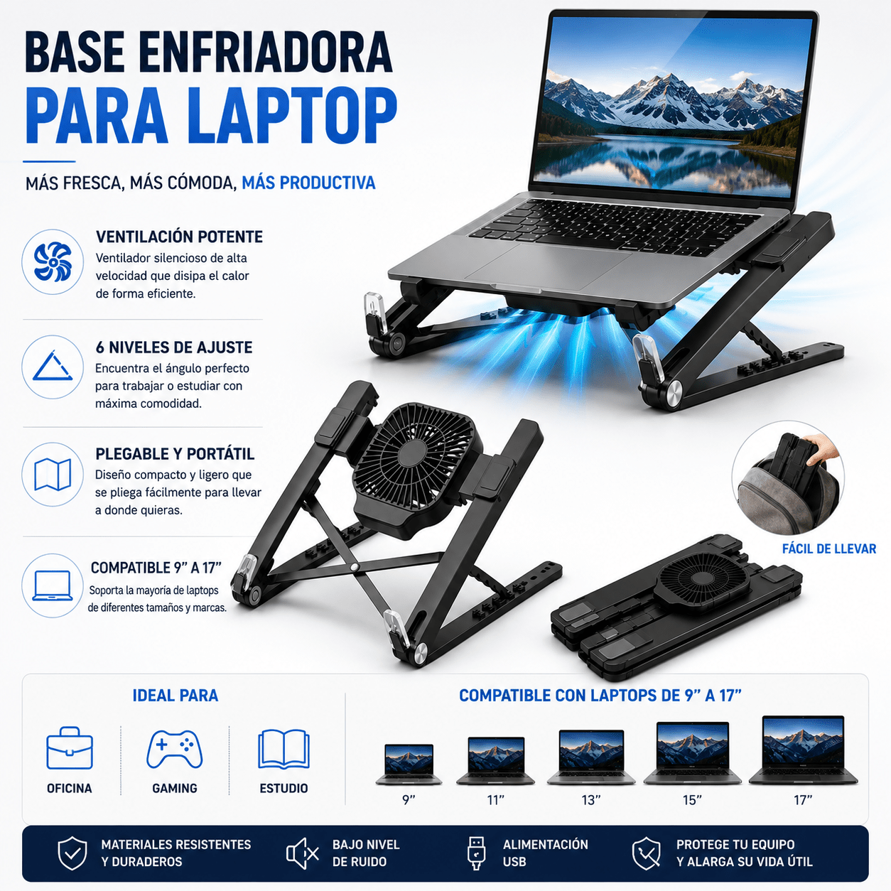 Base Enfriadora Plegable para Laptop con Ventilador USB Ajustable
