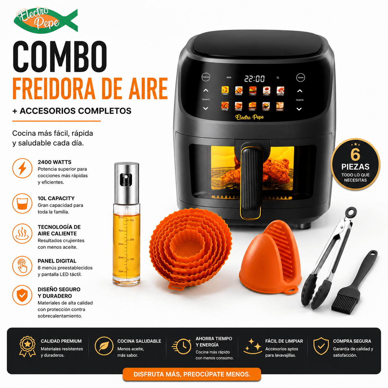 Freidora de Aire 10 Litros + Accesorios