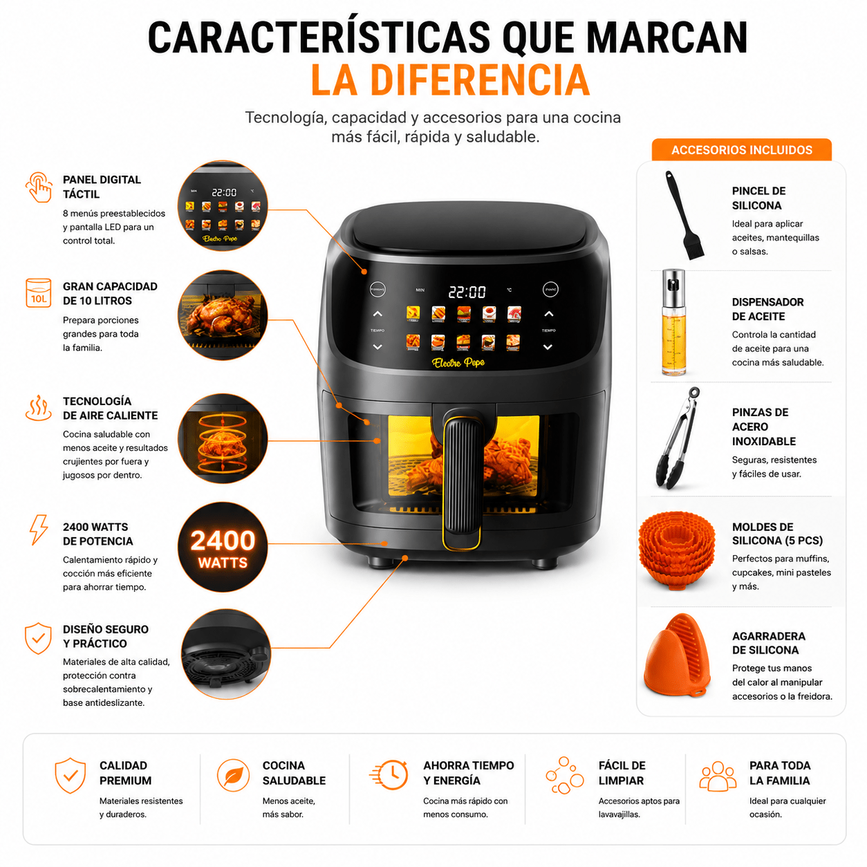 Freidora de Aire 10 Litros + Accesorios