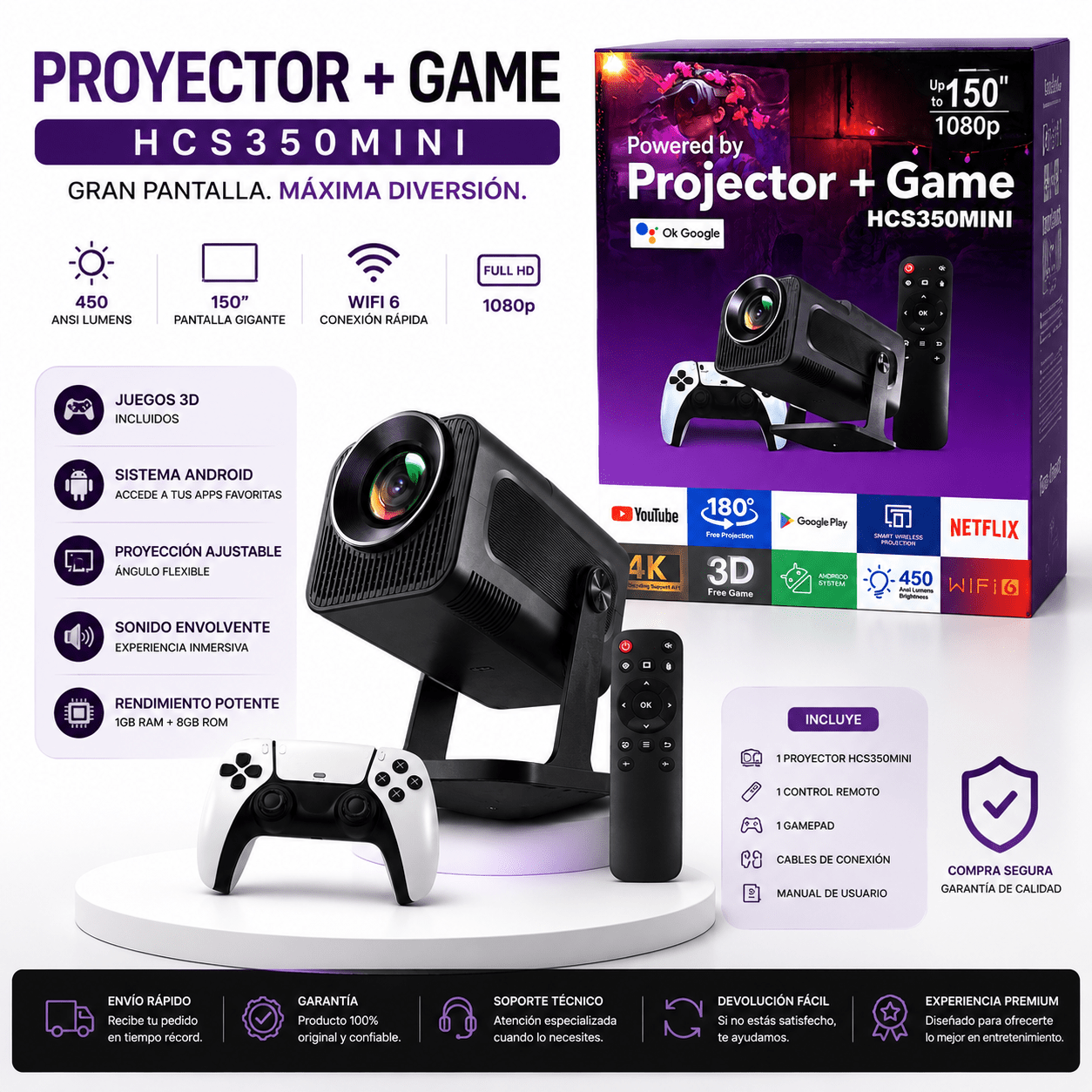 Proyector Gamer SmartPlay 1080P con Juegos + Android