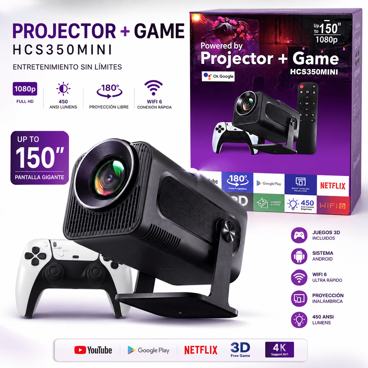 Proyector Gamer SmartPlay 1080P con Juegos + Android