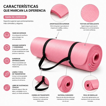 Tapete Fitness Antideslizante con Correa de Transporte Rosa